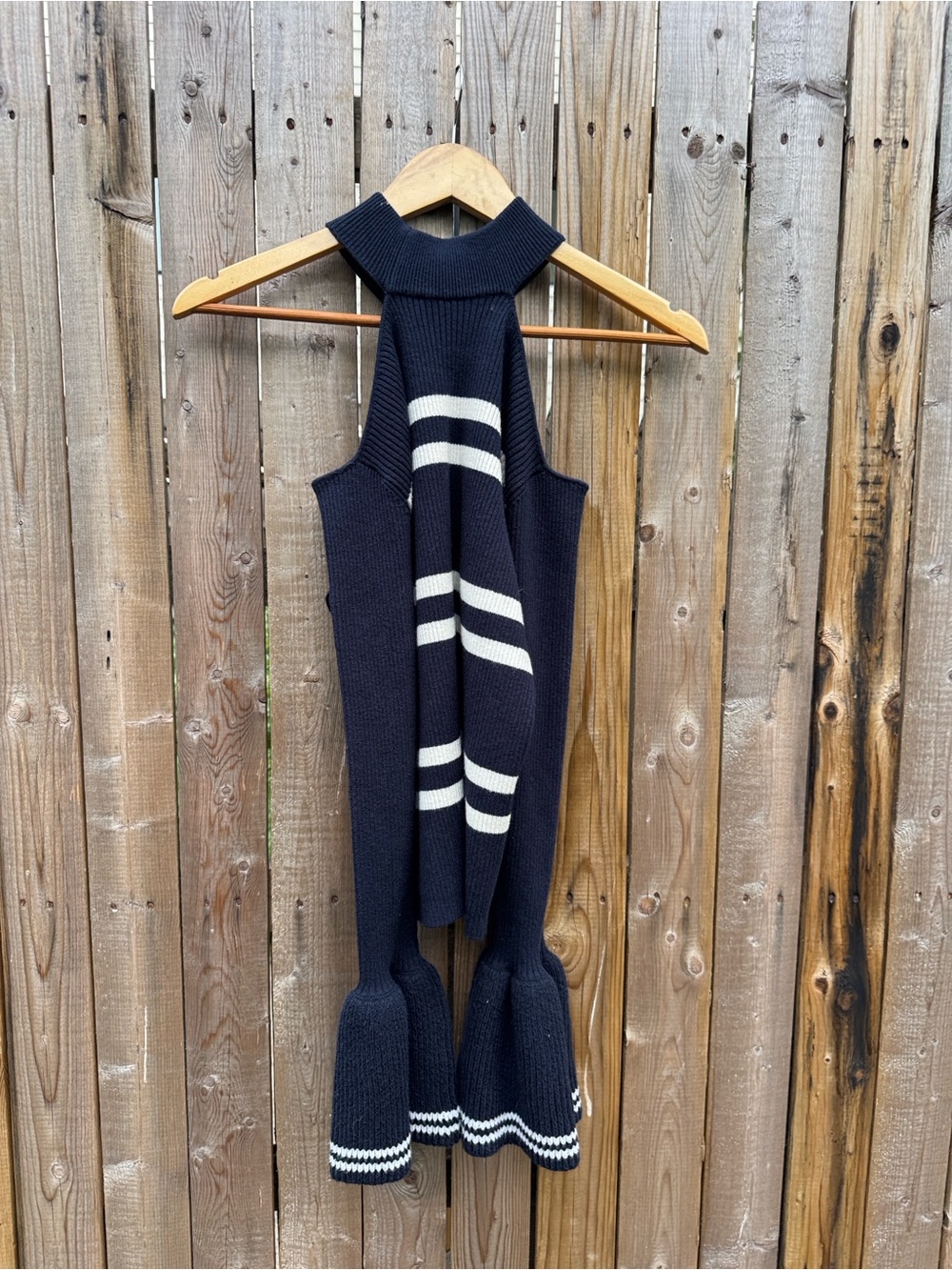 Self-Portrait Navy and Cream Striped Off-Shoulder Rib Knit Sweater - Picture 6 of 8
